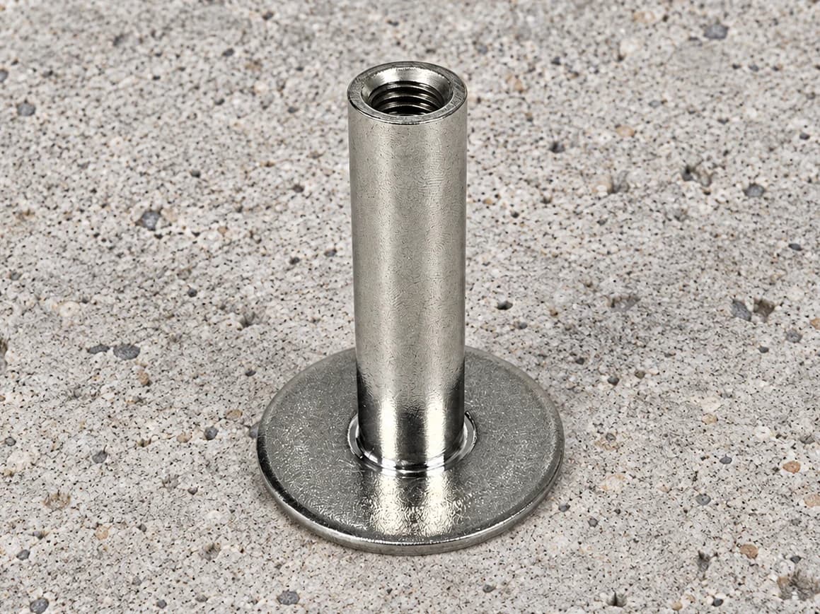 Open internally threaded socket mounted on a circular flat base plate
